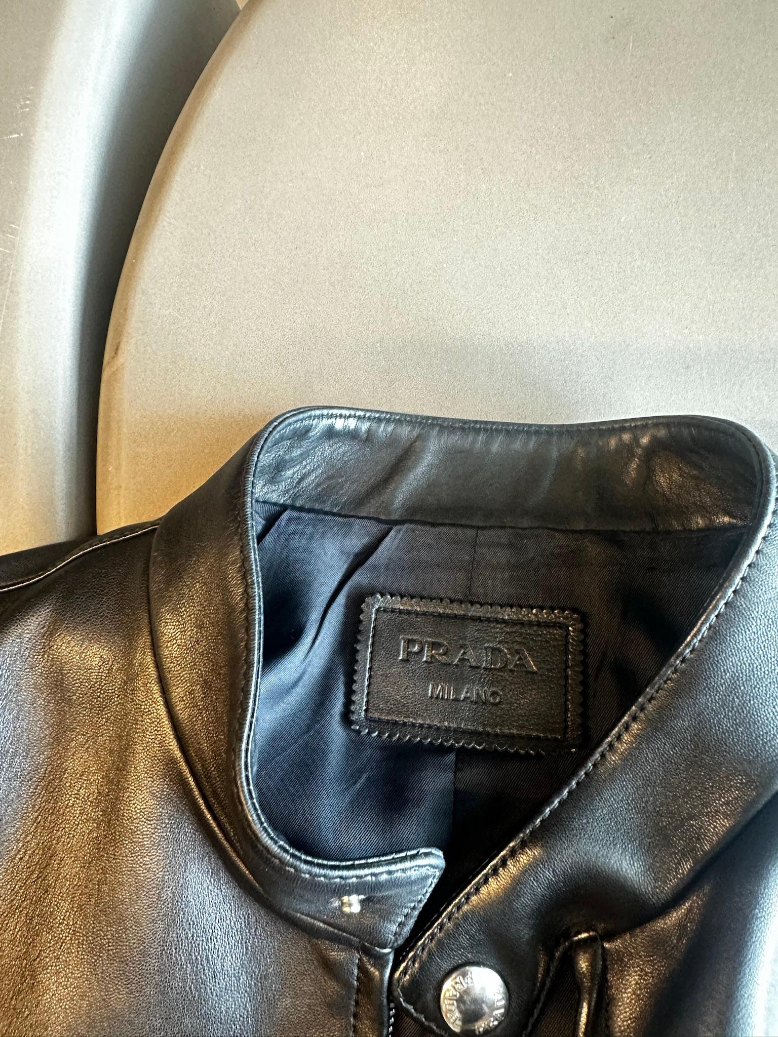 Prada Lambskin Leather Cafe Racer Moto Jacket Black (Size 50/L) thumbnail 2