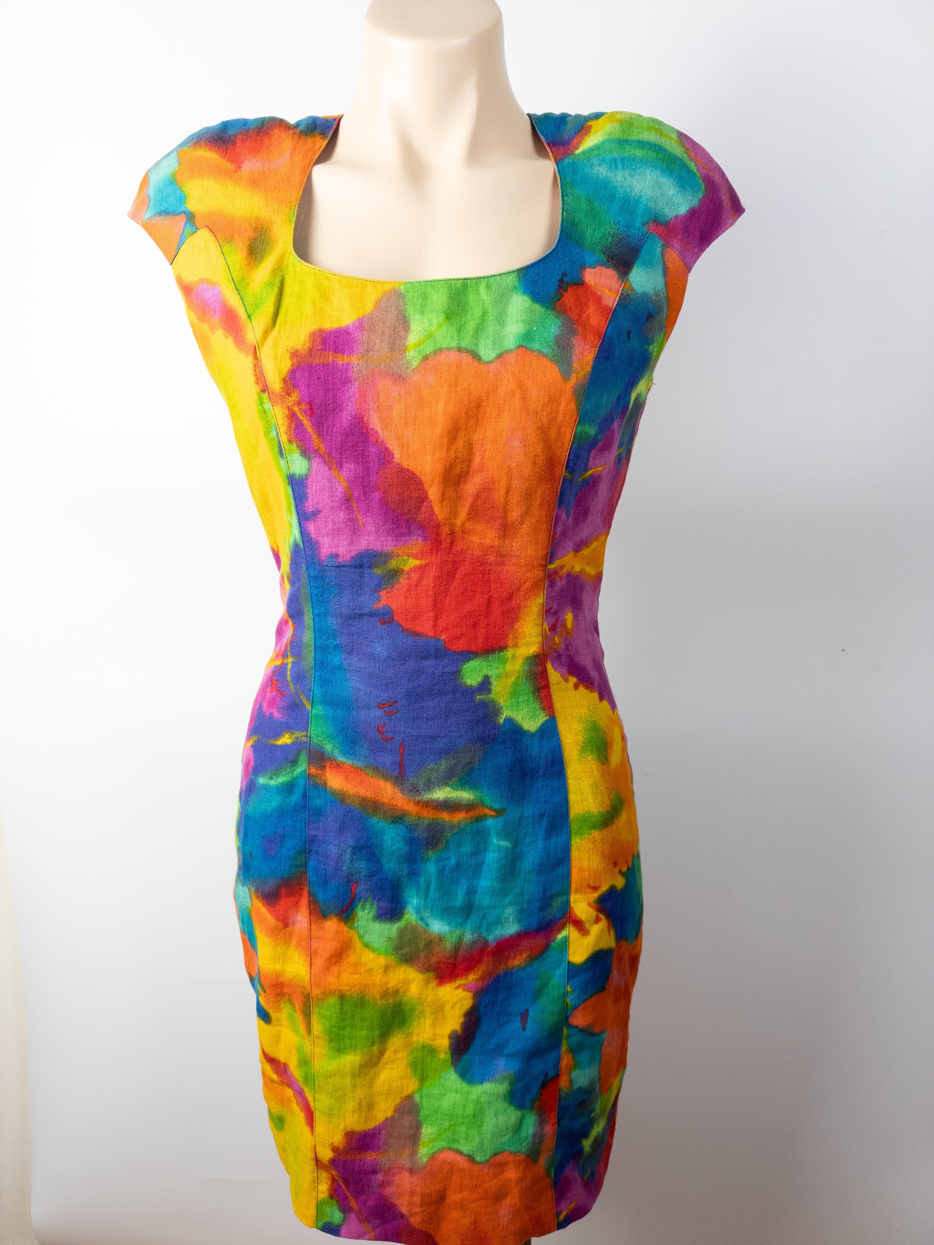 Vintage GEOFF BADE Linen Water Color Shift Dress Size 10