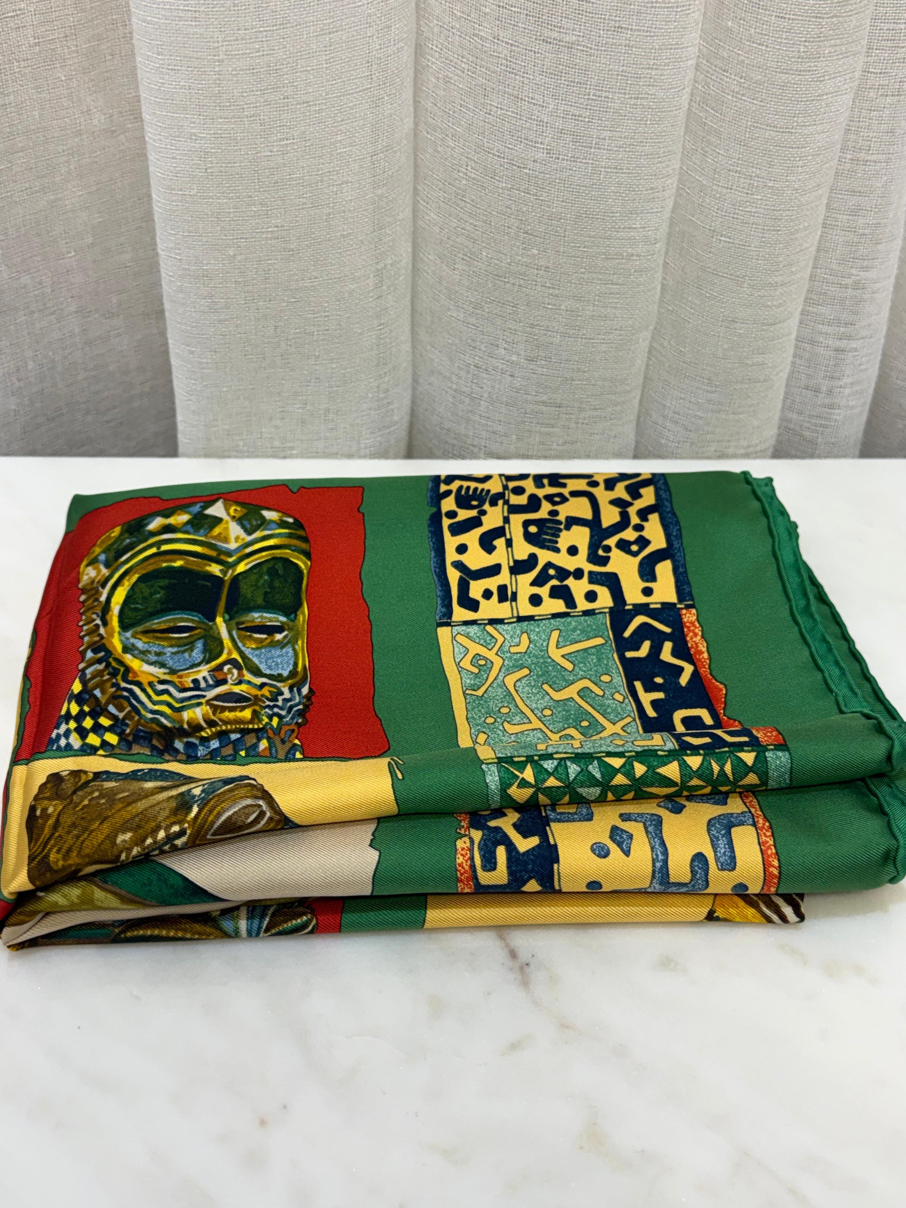 Hermes Green/Gold Tiki Print Scarf