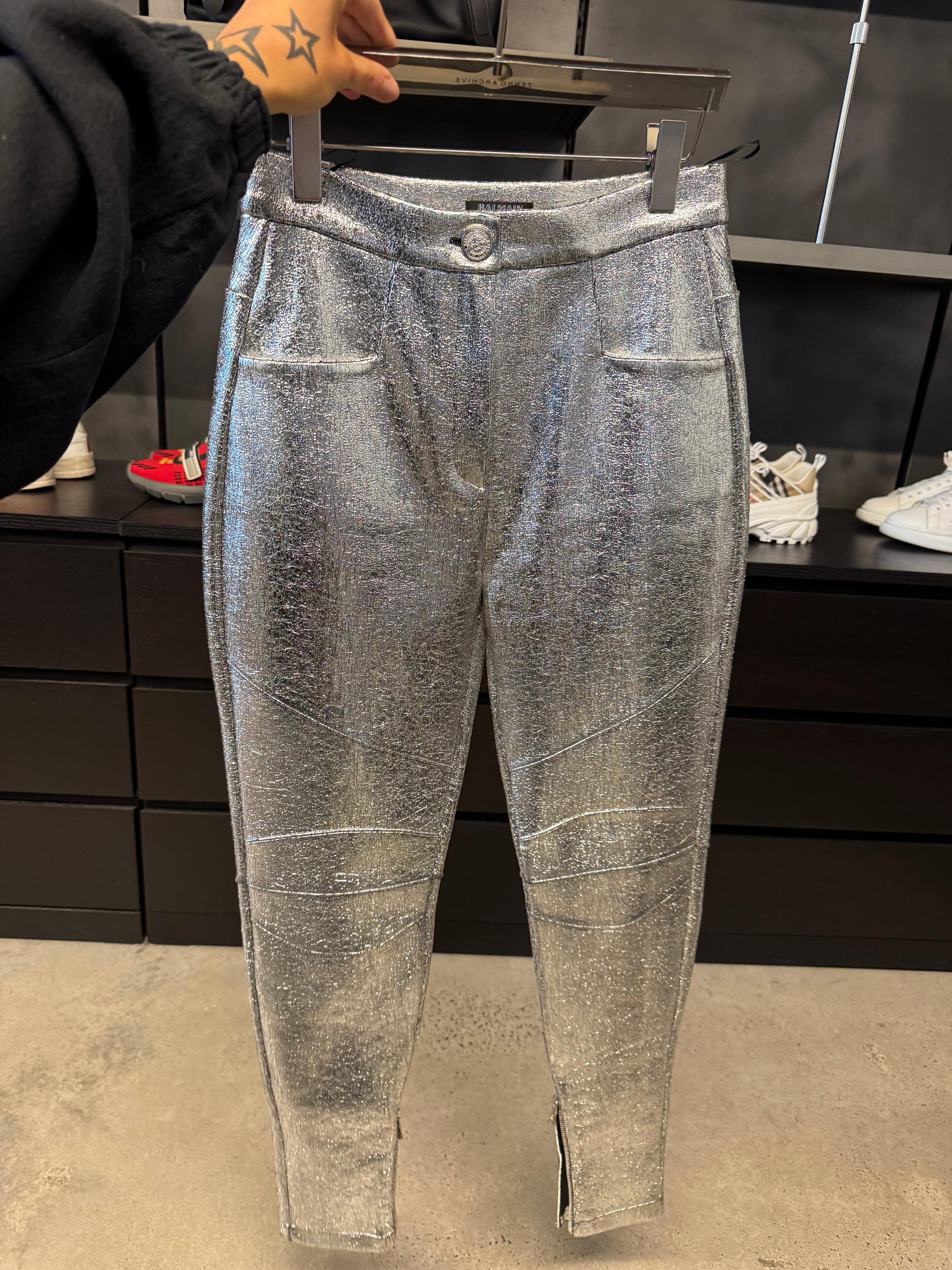 Balmain Cracked Silver High Waist Pants (Size 40)