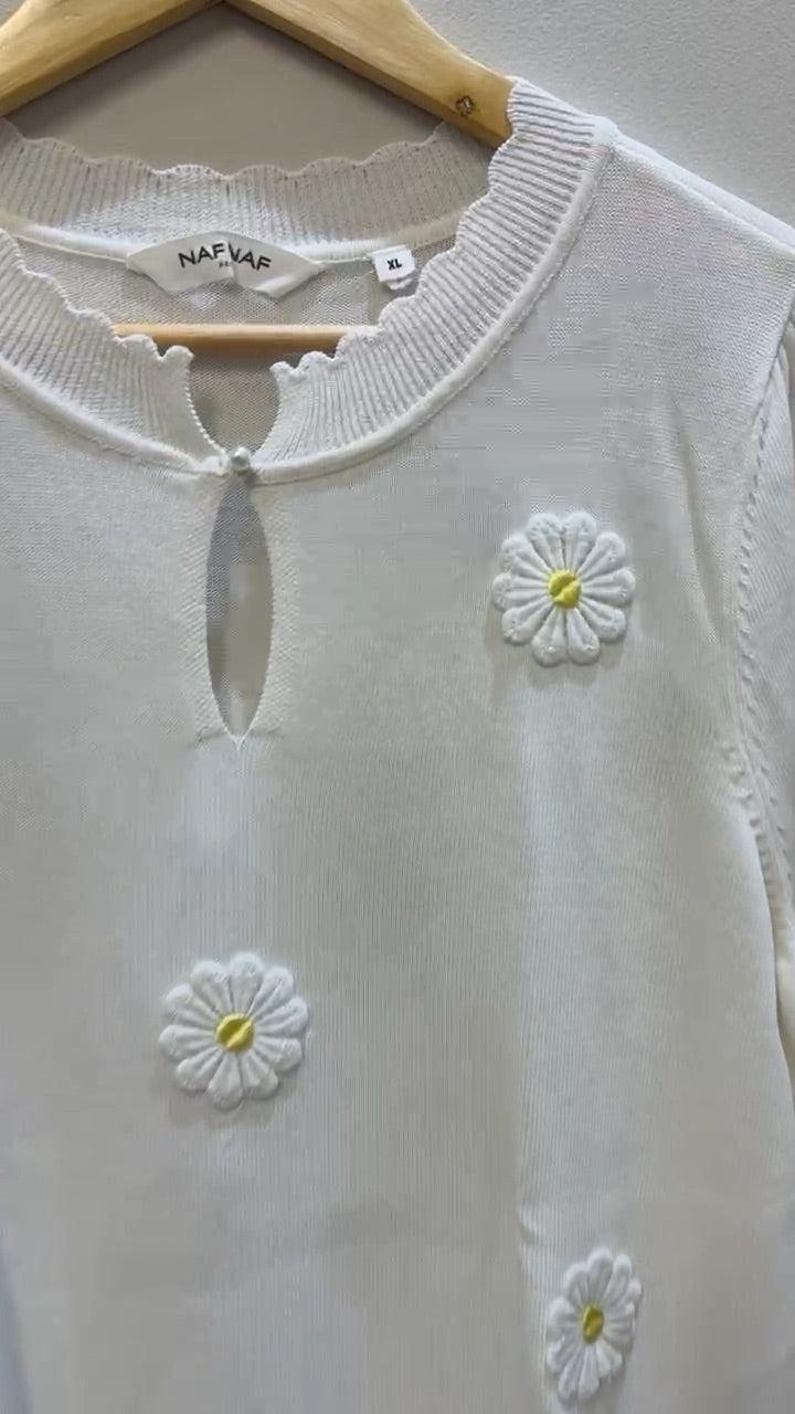 Naf Naf White Daisy Short Sleeve Knit Top XL thumbnail 2