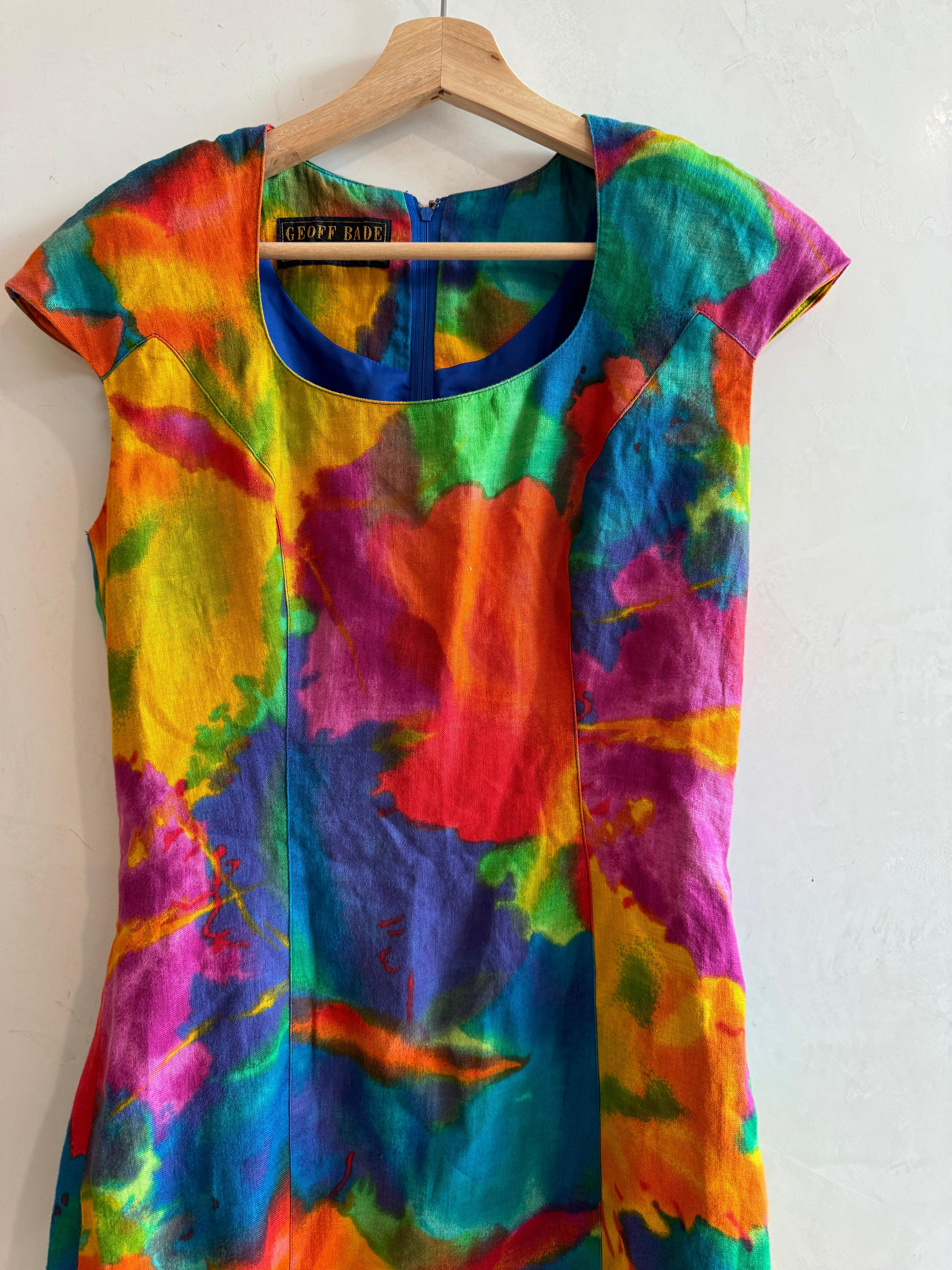 Vintage GEOFF BADE Linen Water Color Shift Dress Size 10 thumbnail 4
