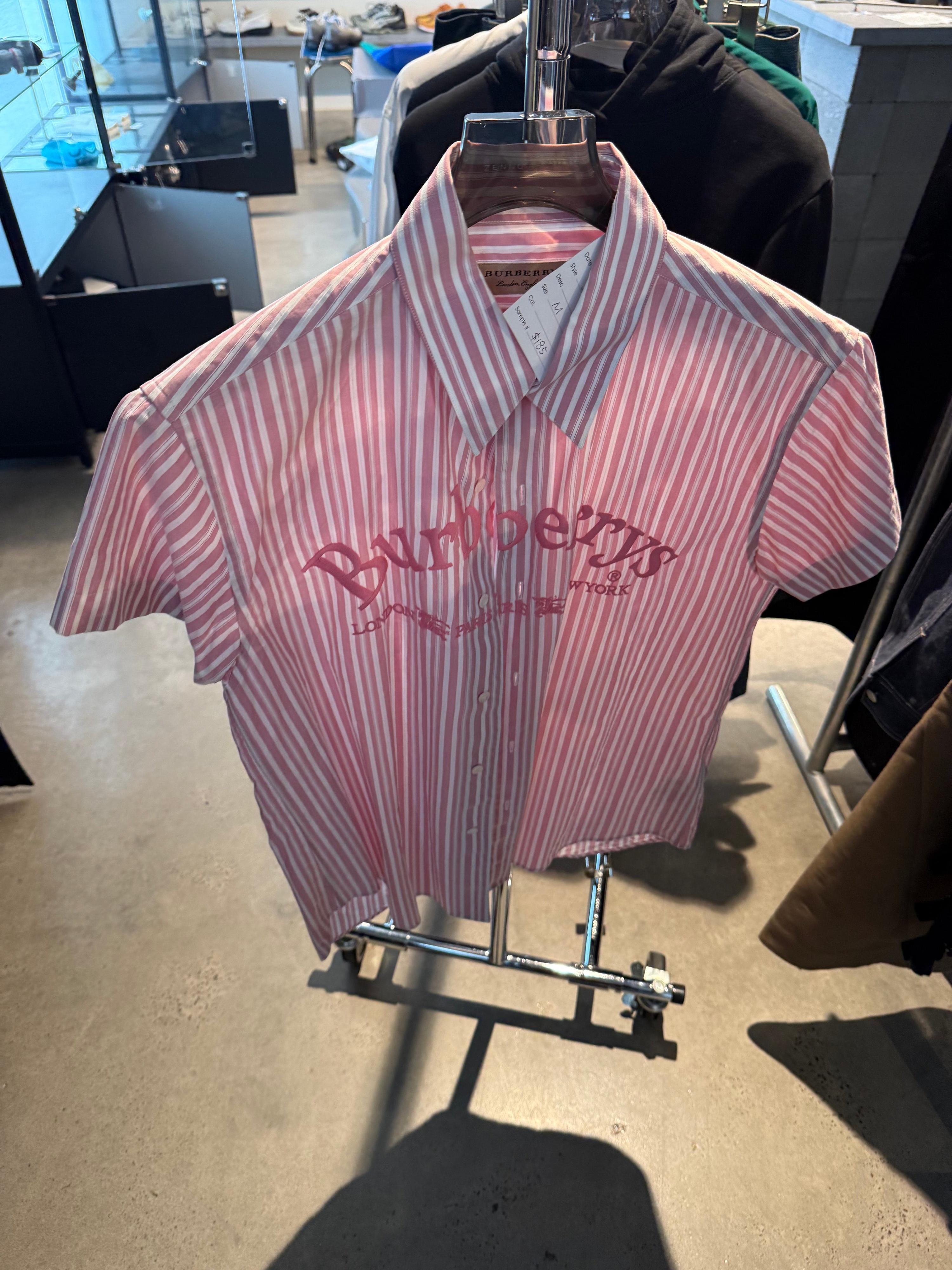 Burberry Embroidered Logo Striped Short Sleeve Button-Up Shirt Pink (Size M)