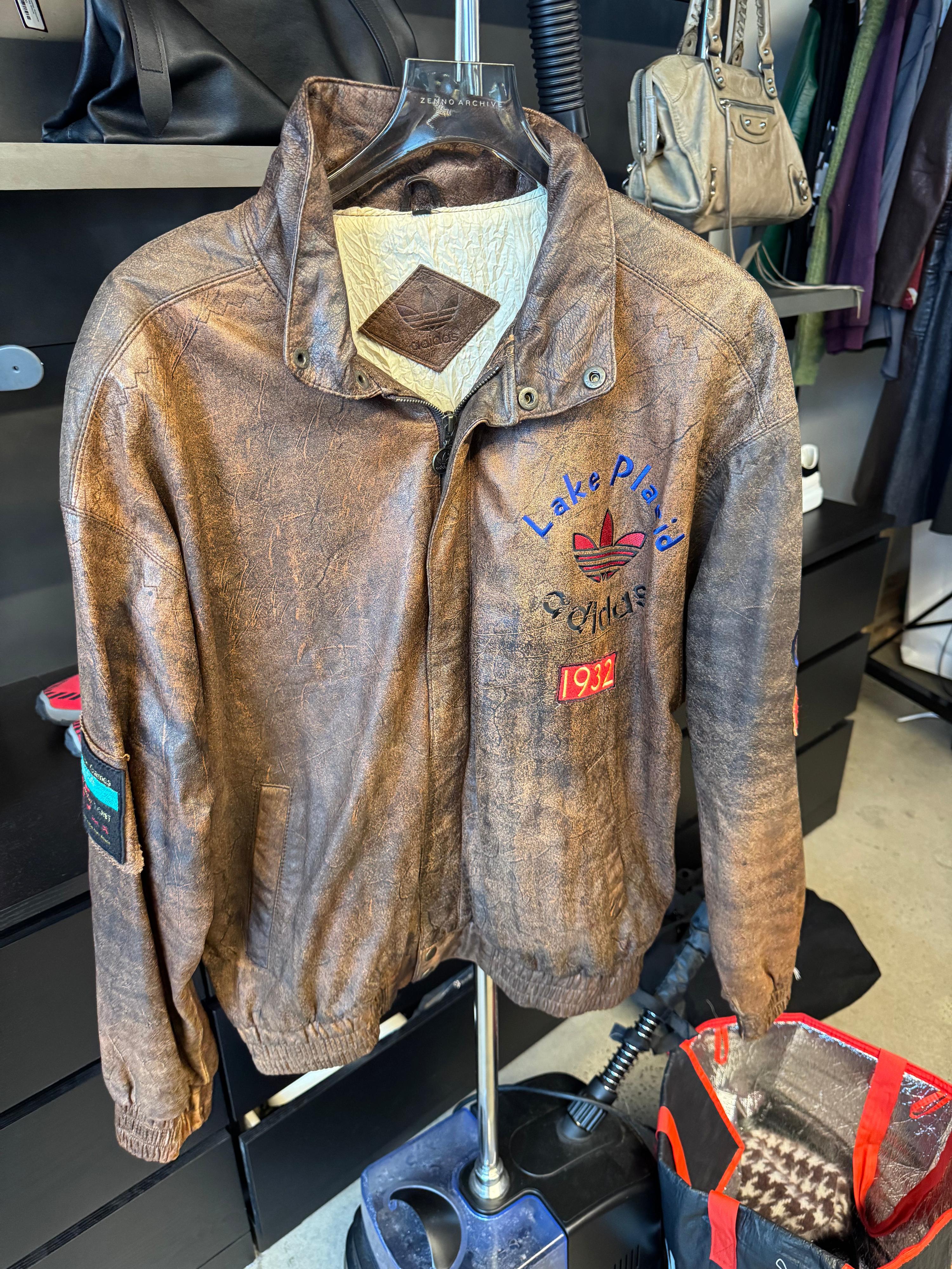 Adidas 1996 Lake Placid Leather Bomber Jacket Brown (Size L)