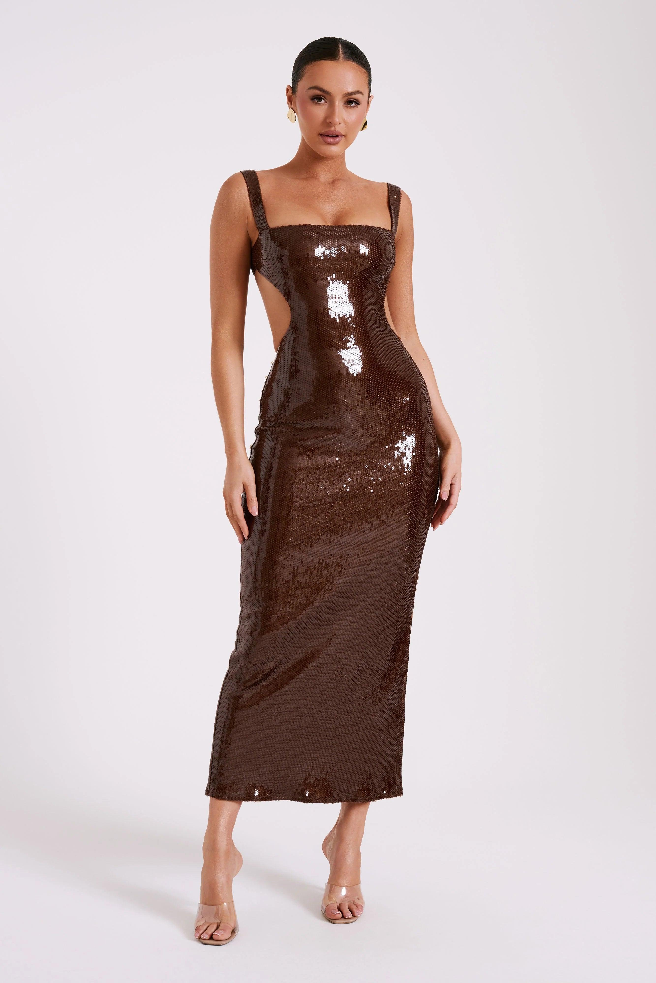 Meshki Brown Sequin Cut Out Maxi Dress XS