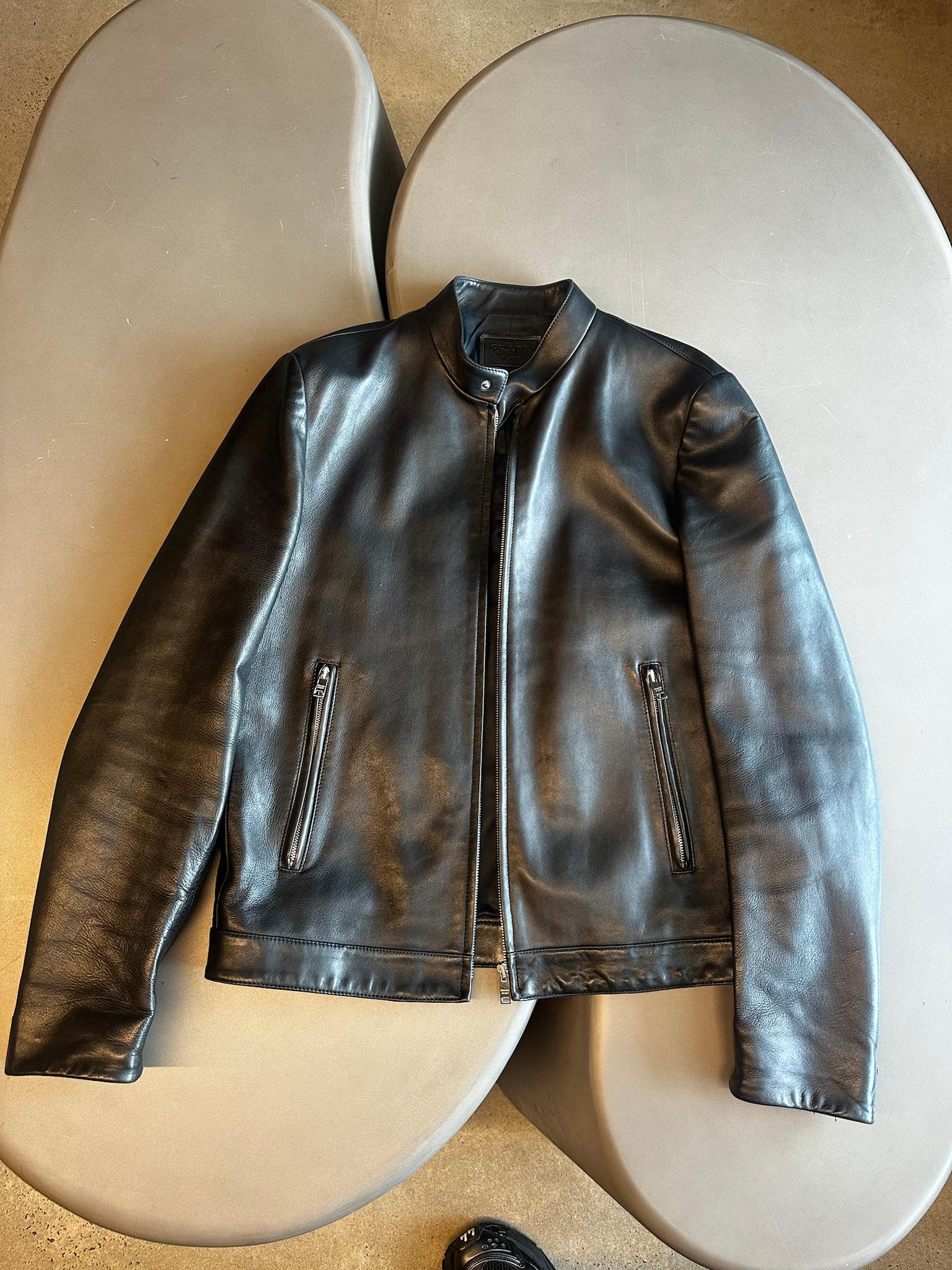 Prada Lambskin Leather Cafe Racer Moto Jacket Black (Size 50/L)