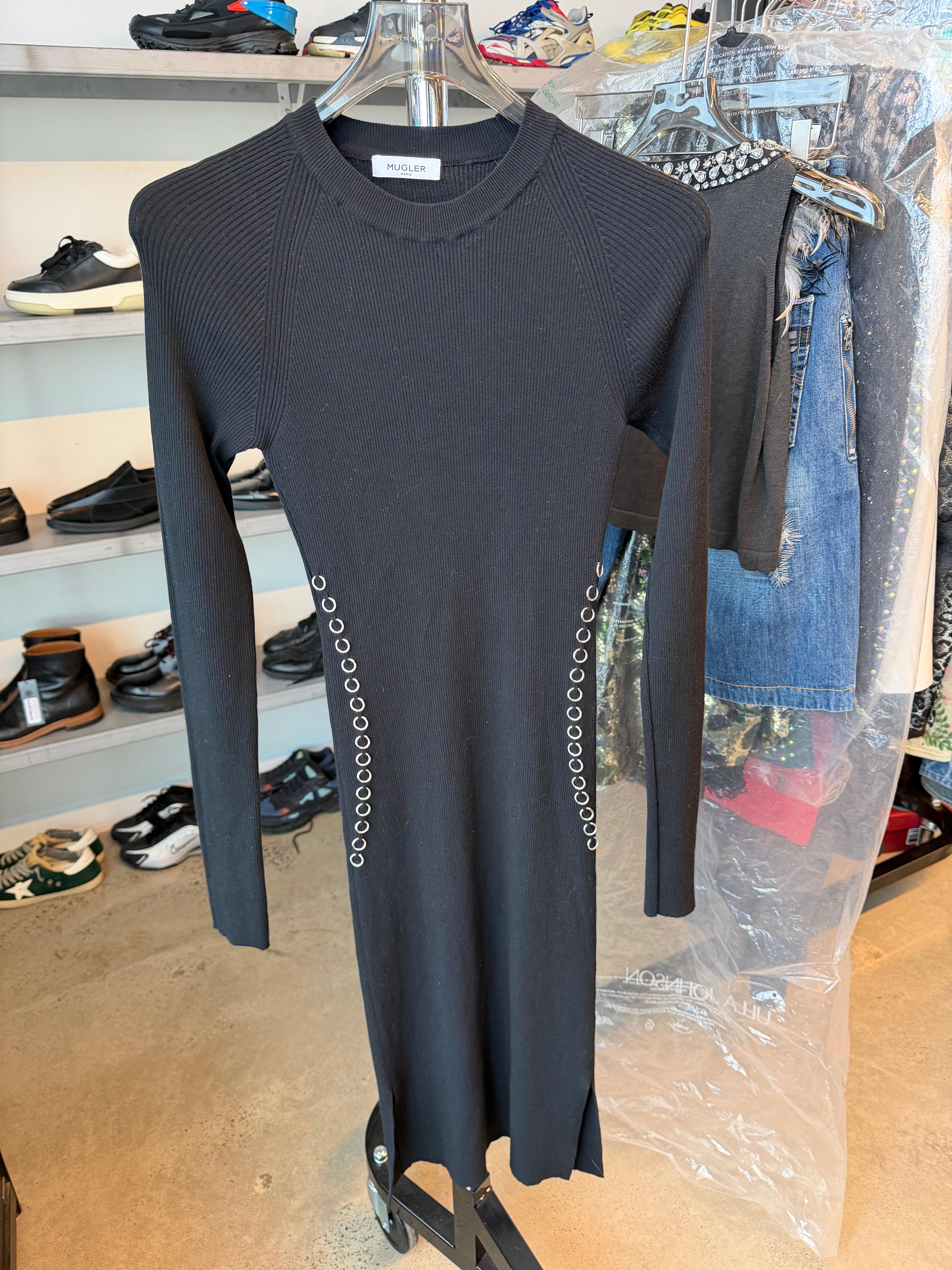 Mugler Vintage Knit Eyelet Detail Maxi Dress Black (Size L)
