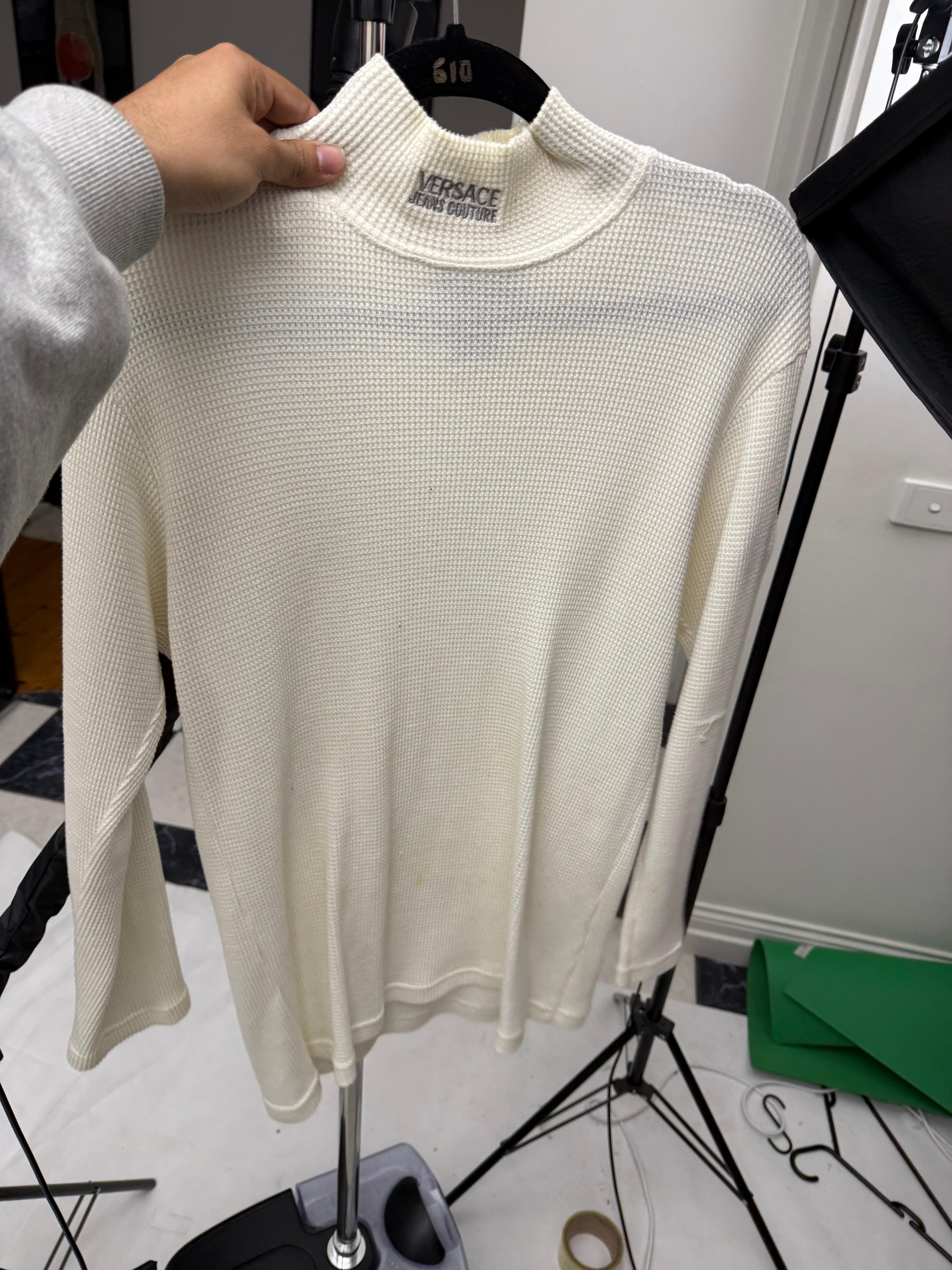 Versace 90s Waffle Knit Mock Neck Long Sleeve Shirt Cream (Fits M-L)