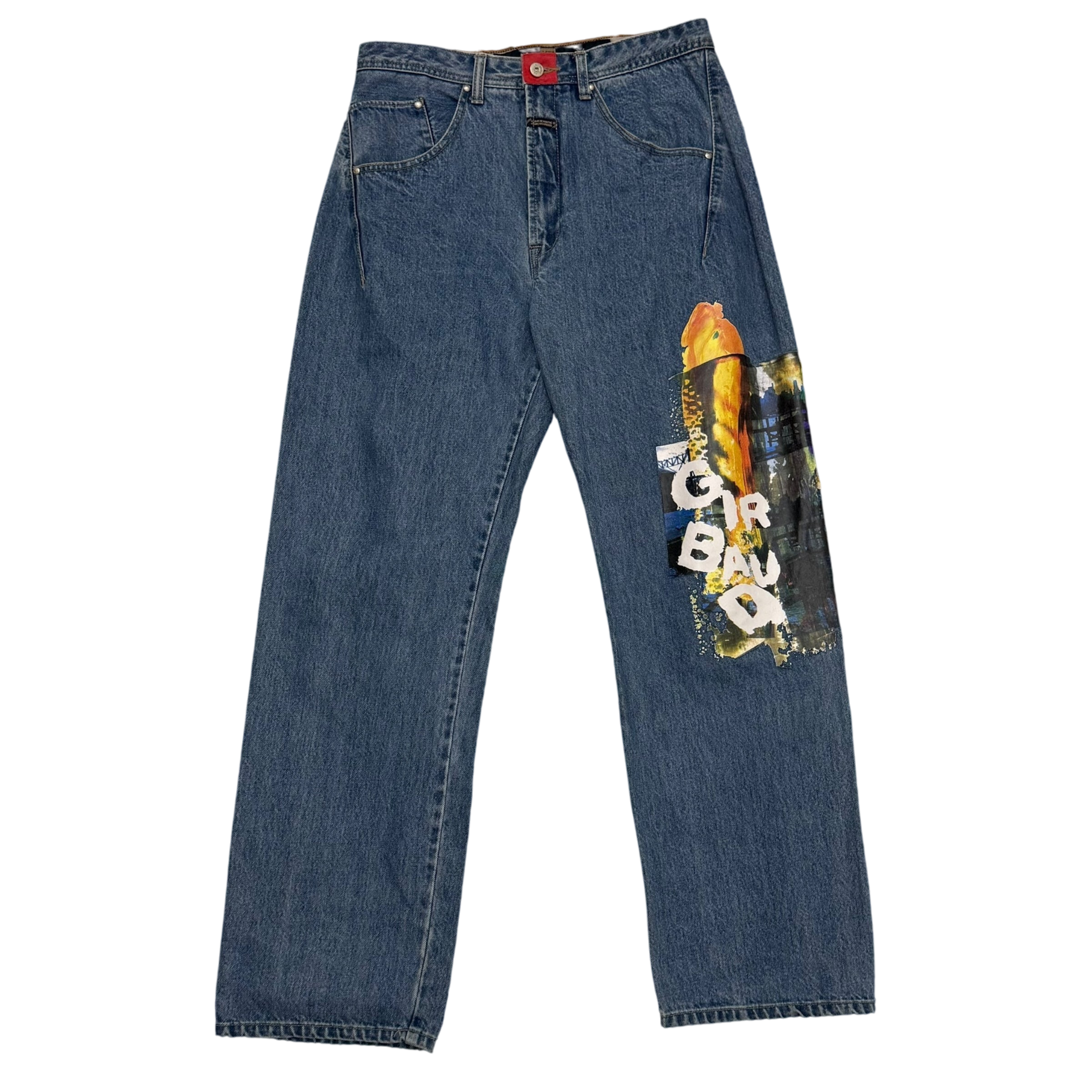 Marithé François Girbaud 2000s Straight Leg Koi Fish Print Jeans (Fits 33”)