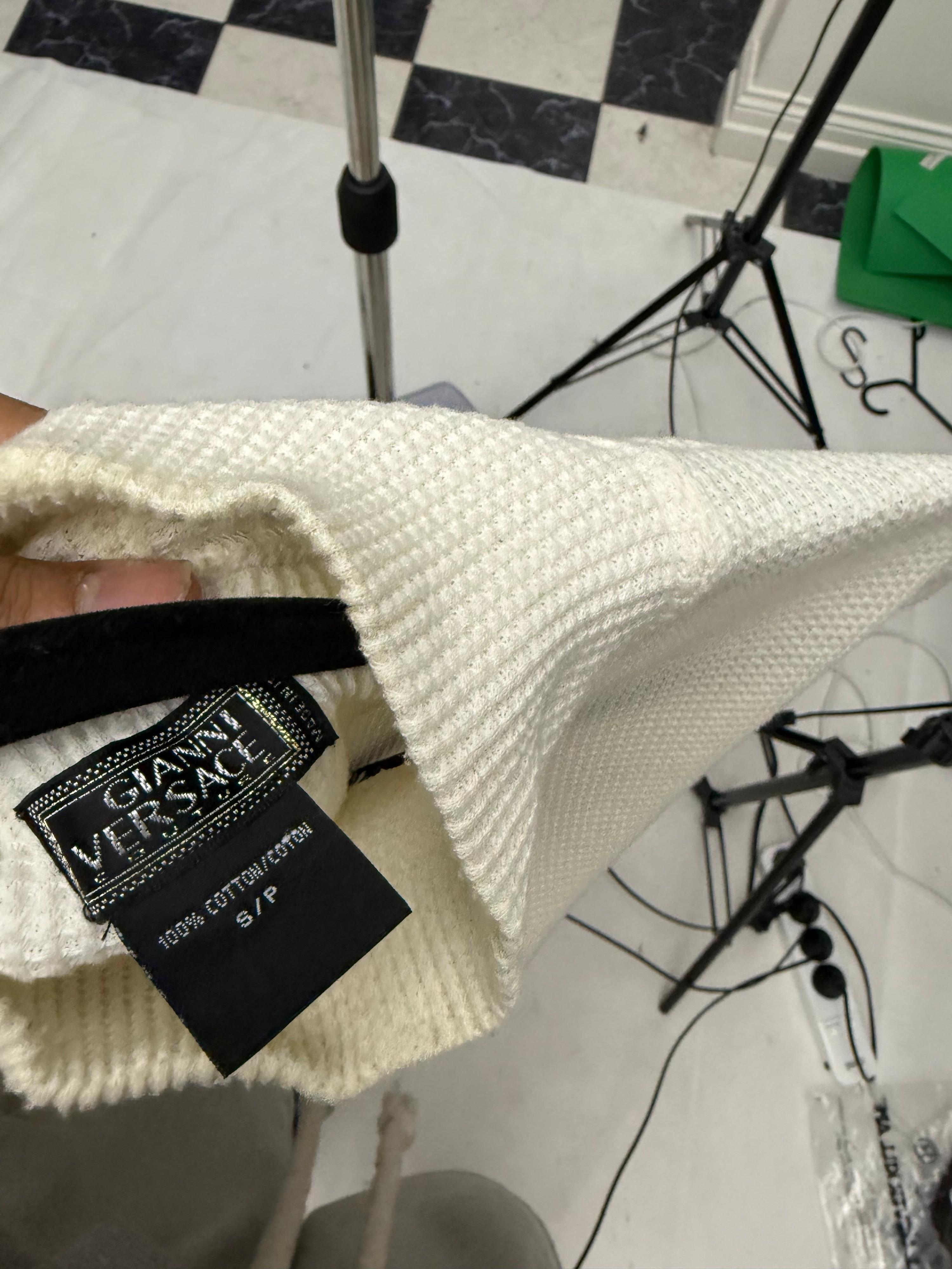 Versace 90s Waffle Knit Mock Neck Long Sleeve Shirt Cream (Fits M-L) thumbnail 2