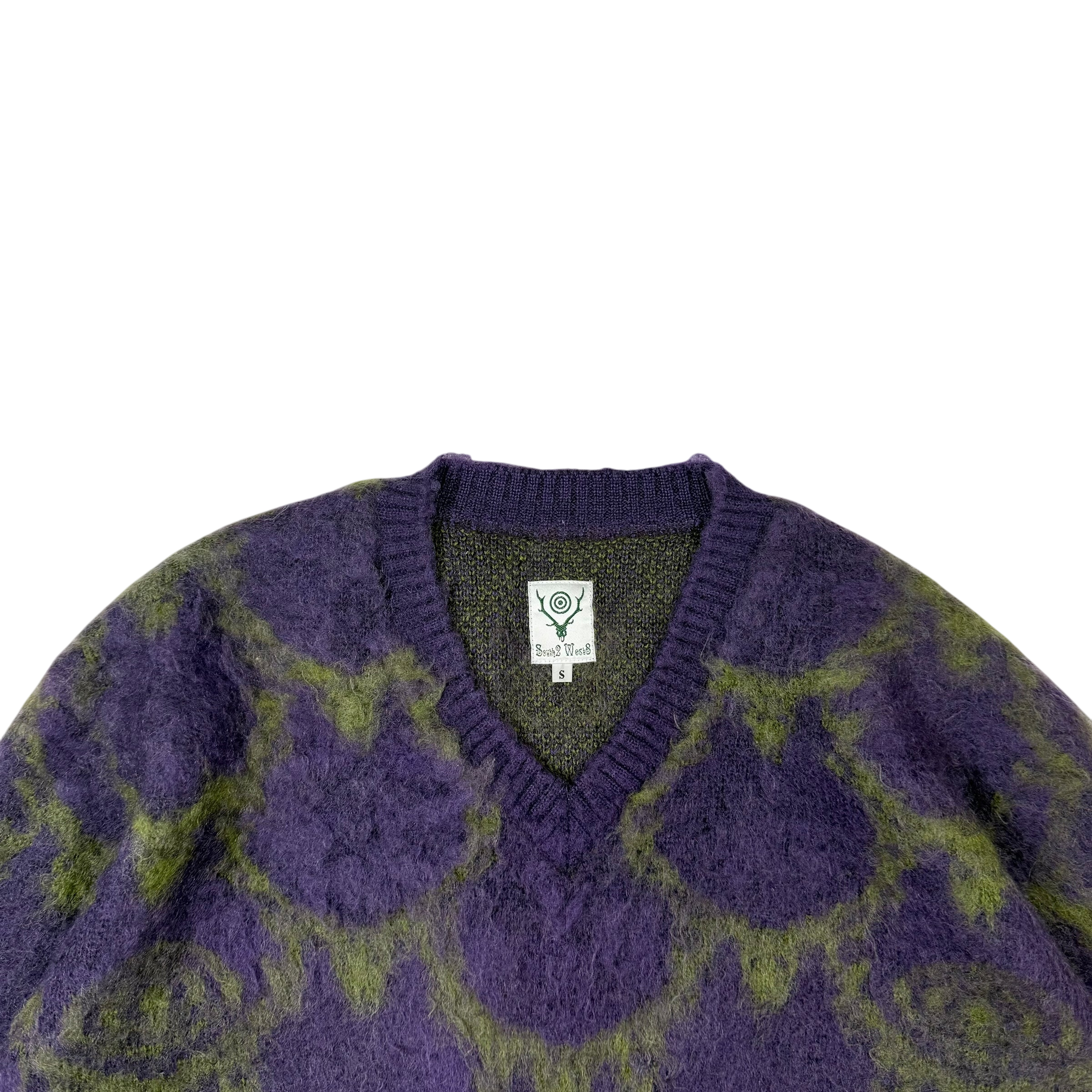 SOUTH2 WEST8 Mohair Blend Loose Fit V-Neck Sweatshirt Purple / Green (Size S) thumbnail 2