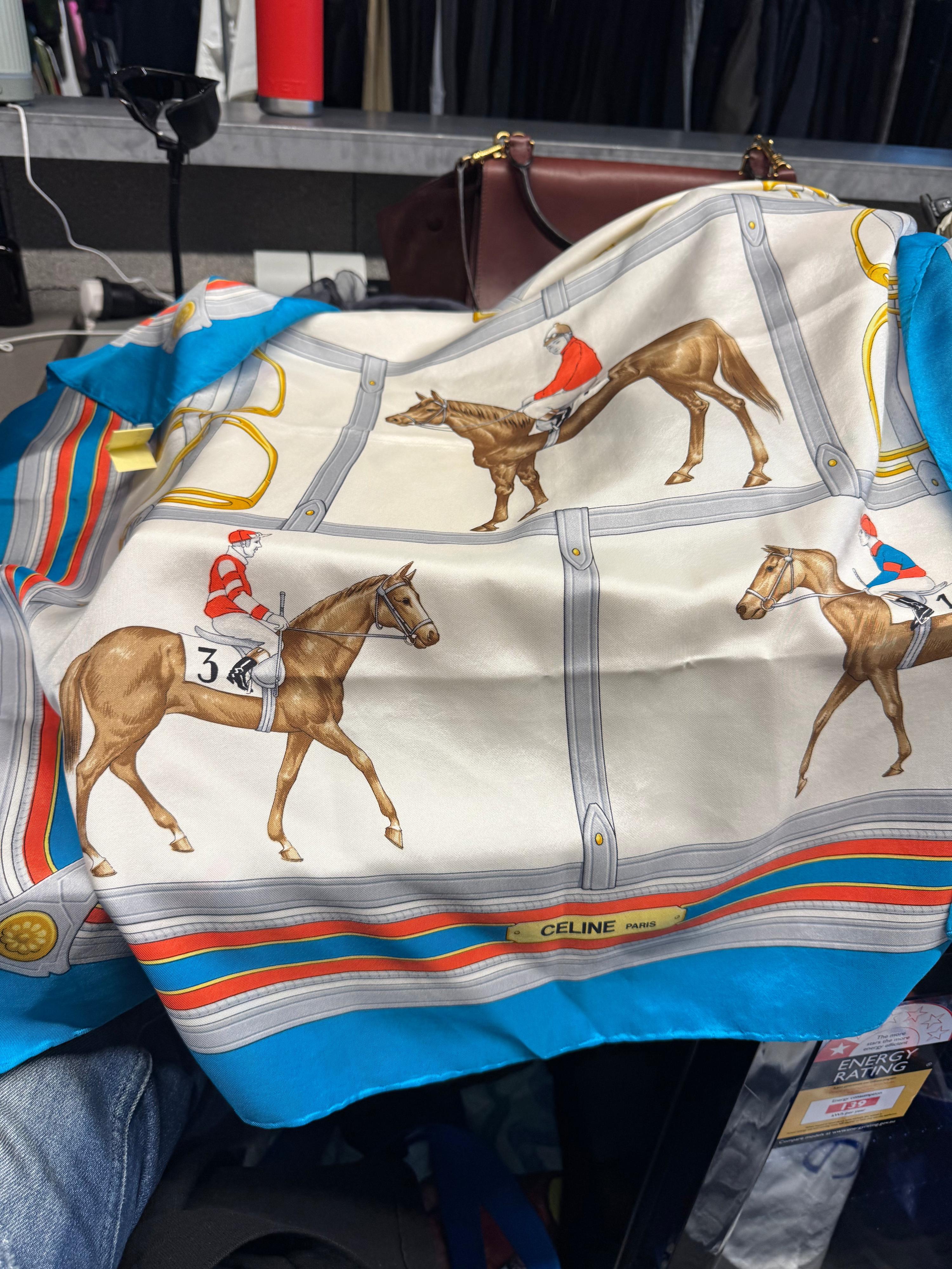 Celine Equestrian Silk Scarf White/Blue Multi