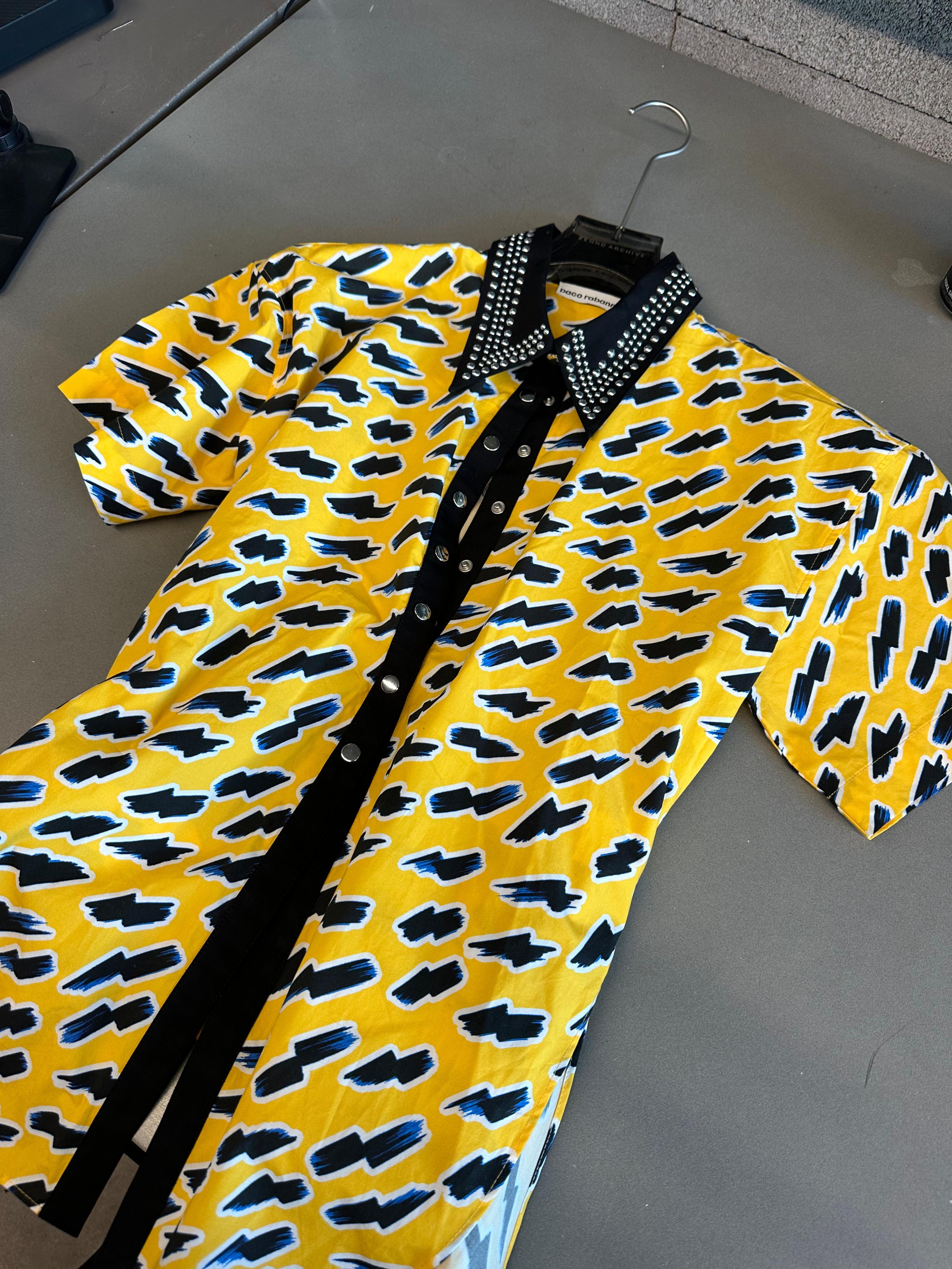 Paco Rabanne Studded Collar Abstract-Print Shirt Yellow/Black (Size 36)