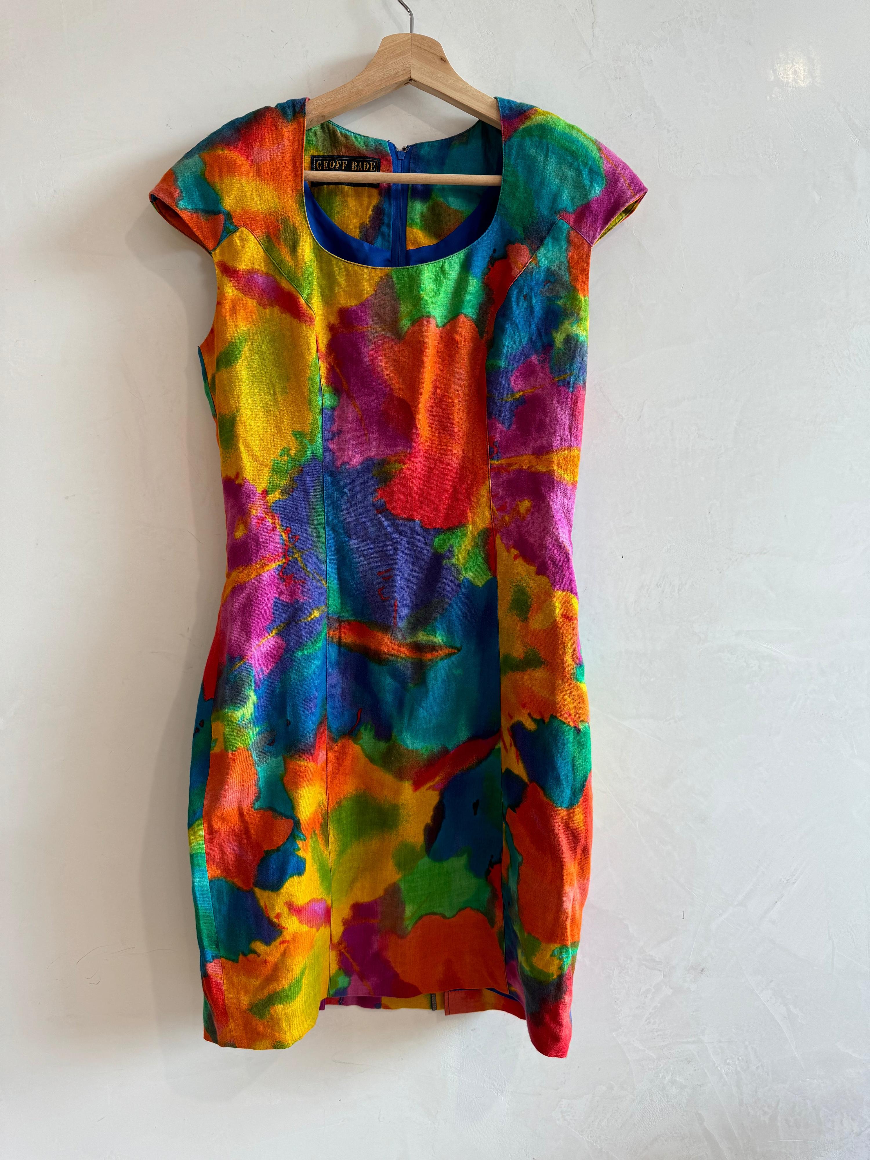 Vintage GEOFF BADE Linen Water Color Shift Dress Size 10 thumbnail 3