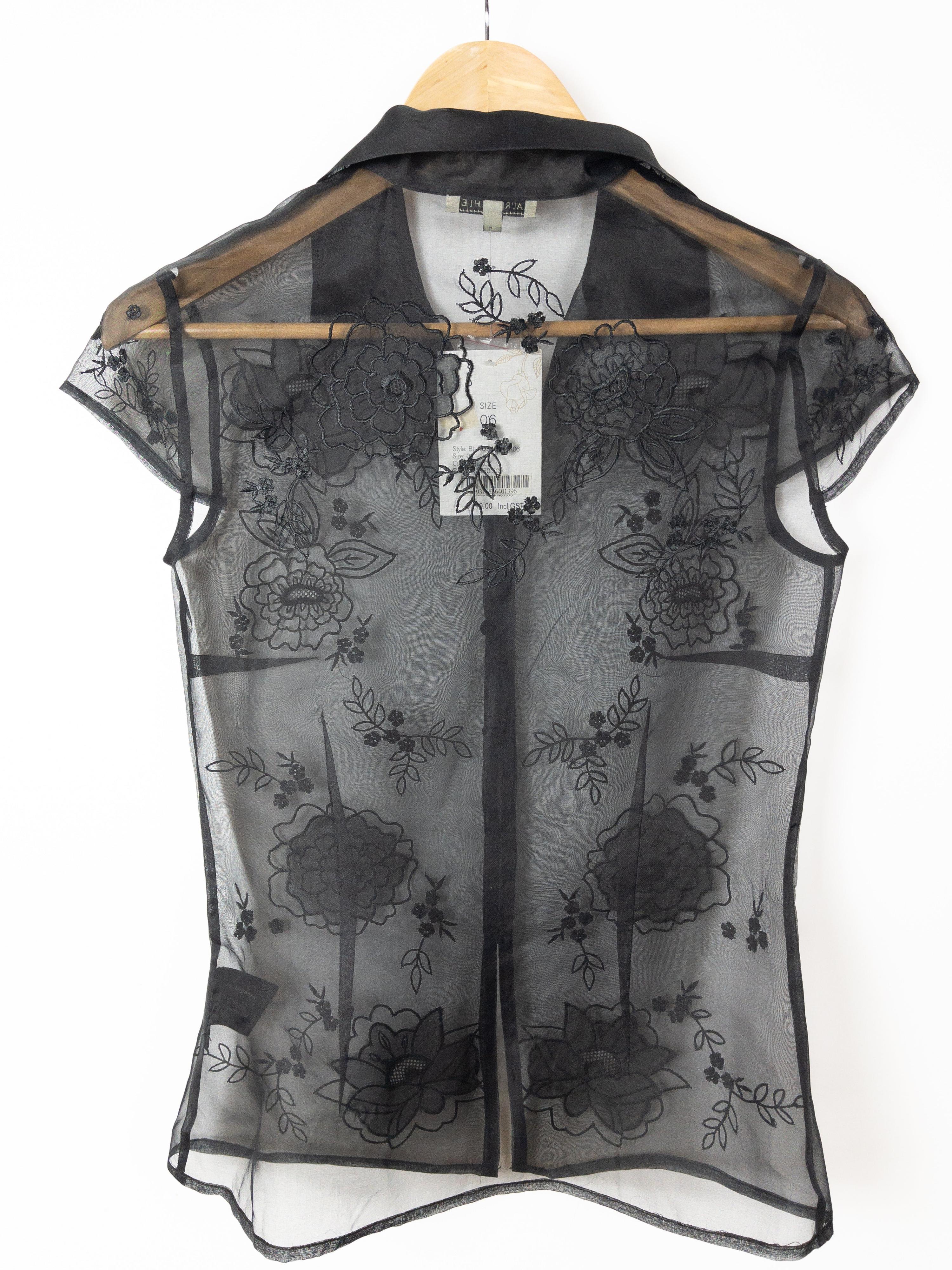 LAURA ASHLEY Vintage Sheer Black Silk Organza Top Size 6 NWT thumbnail 3