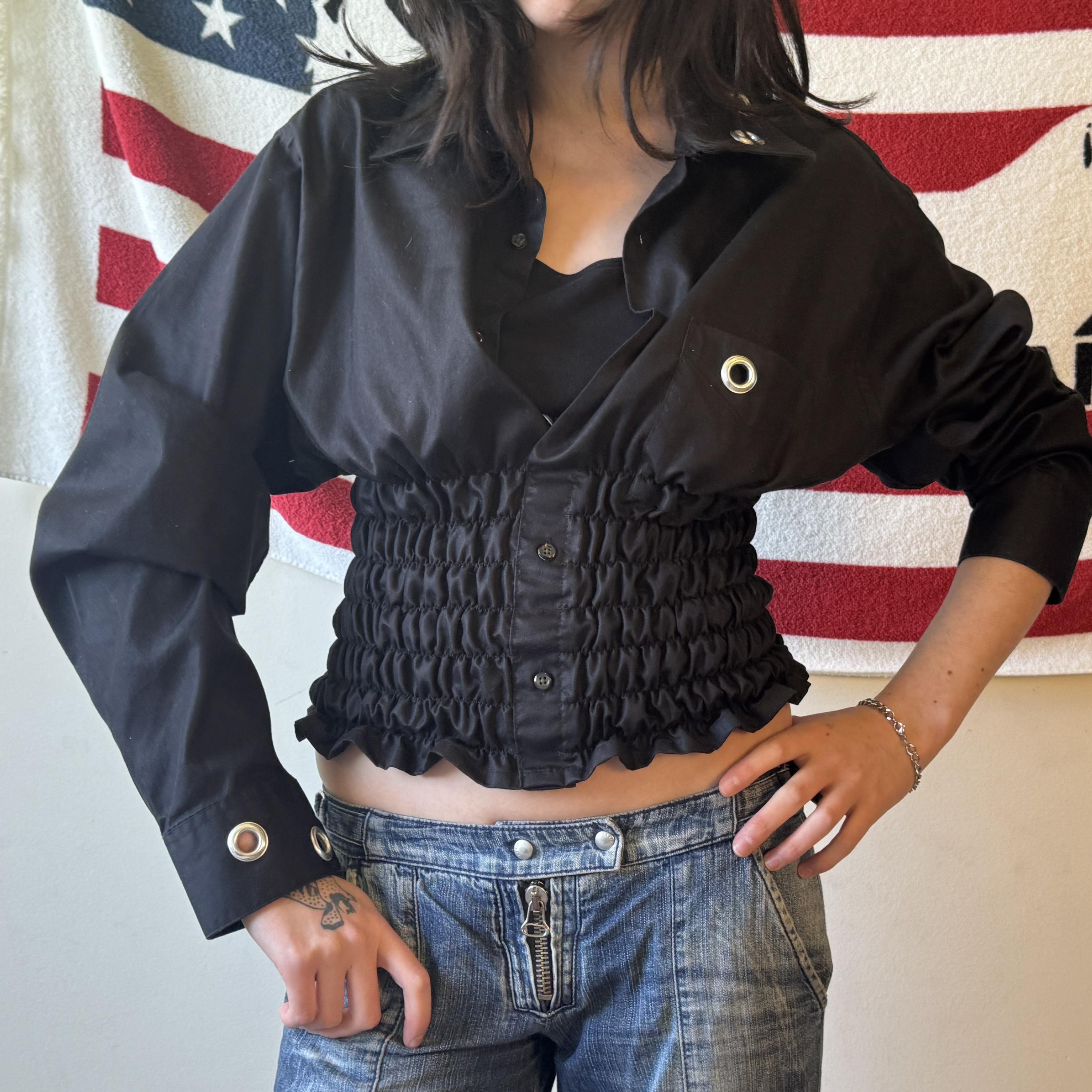 Ruched Eyelet Button Up Top