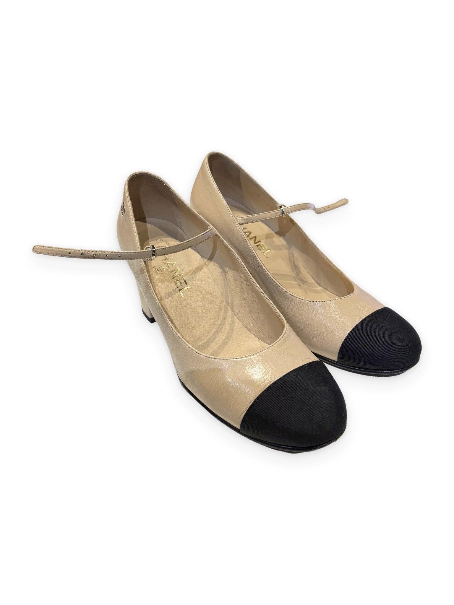 Chanel Two-Tone Cap Toe Mary Jane Pumps Beige Black (Size EU 38.5)