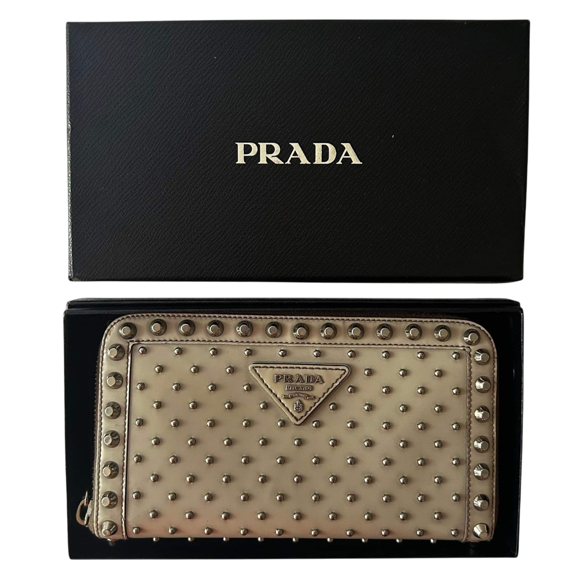 Prada Spazzolato Studded Zip Around Wallet Grey/Silver