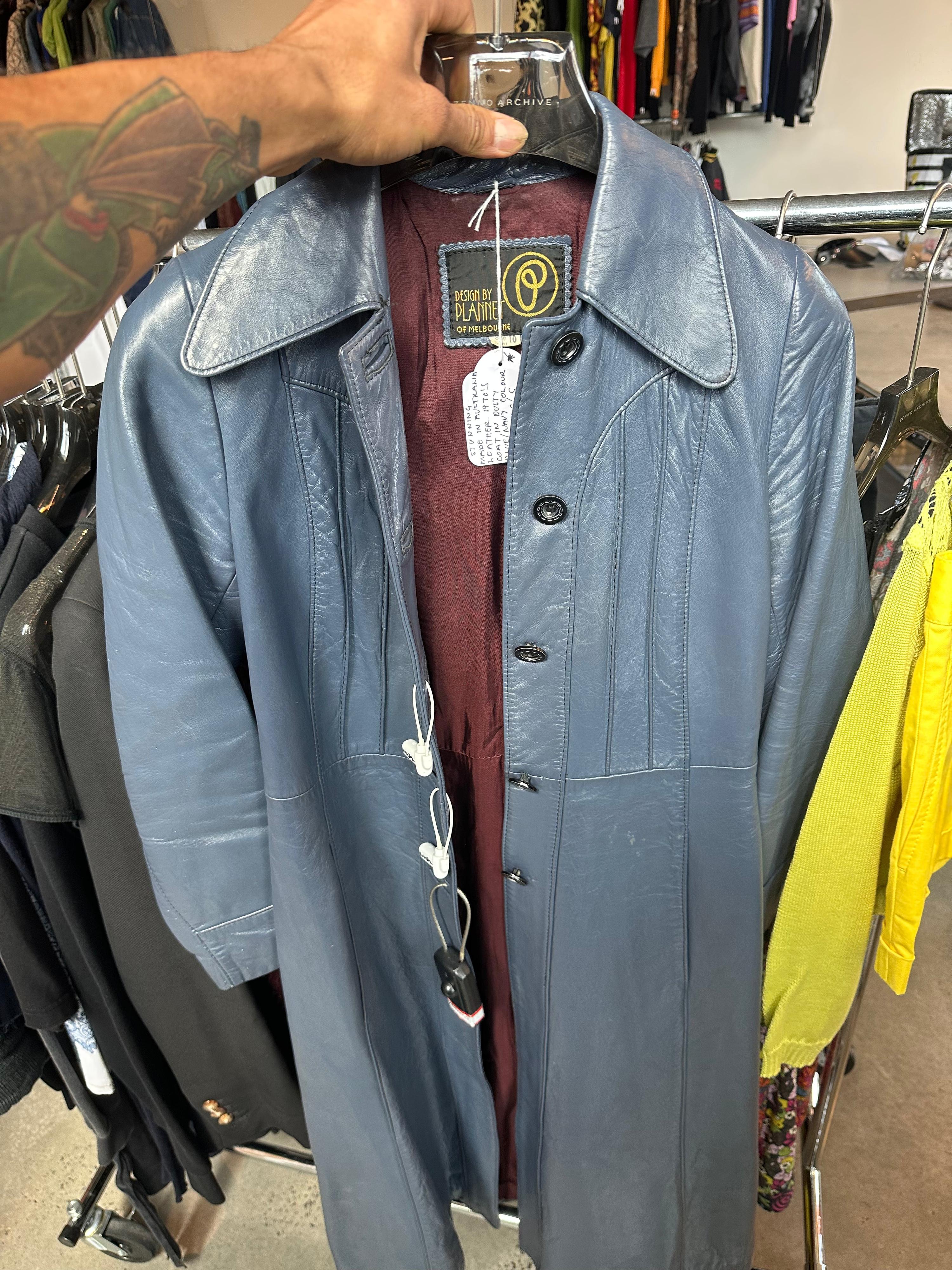 Plannet 70s Leather Coat Dusty Blue (Made in Aus) (Fits XS-S Womens)