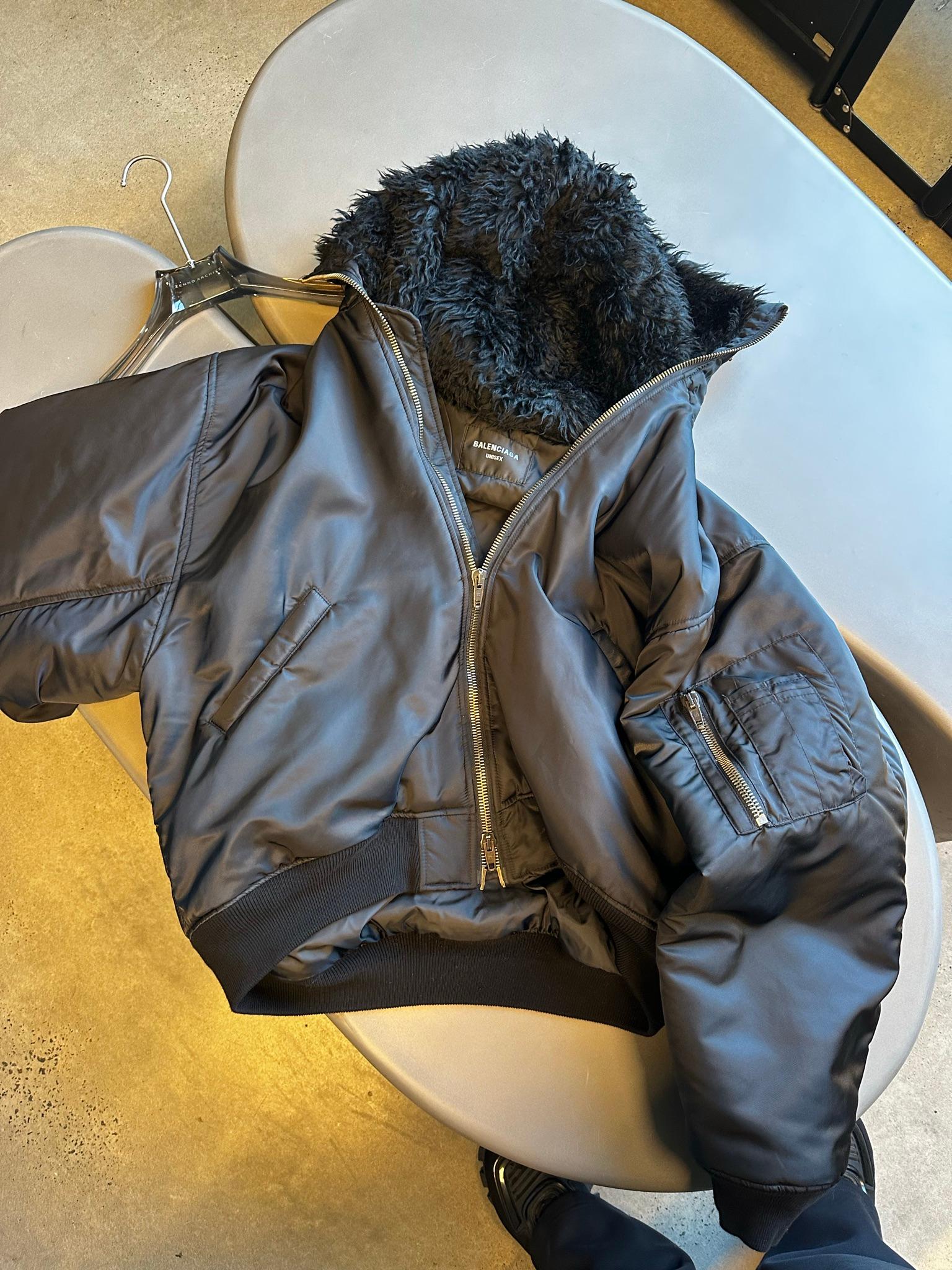 Balenciaga AW24 Faux Fur Hooded Bomber Jacket Black (Size L)