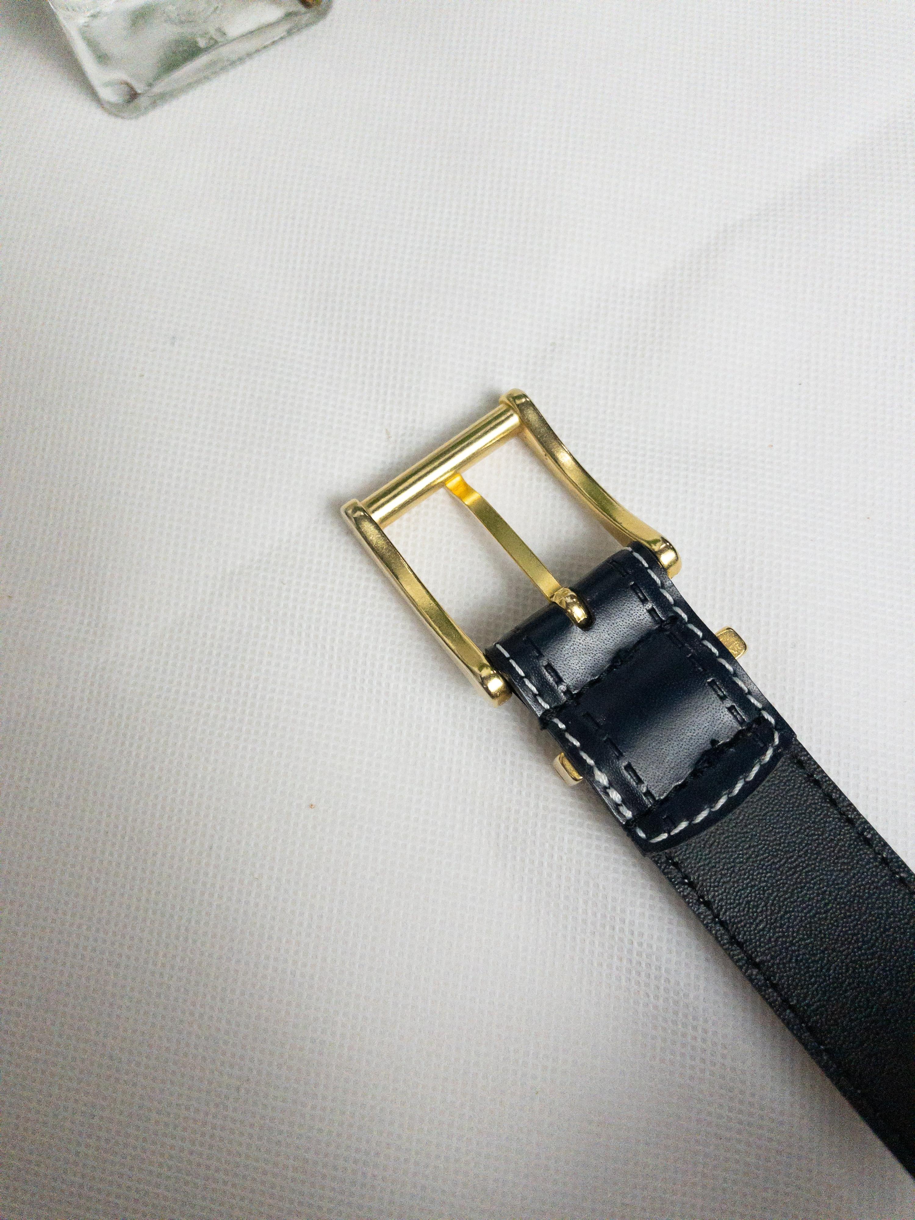 Vintage Navy Leather Belt White Stitching Gold Hardware S/M thumbnail 4