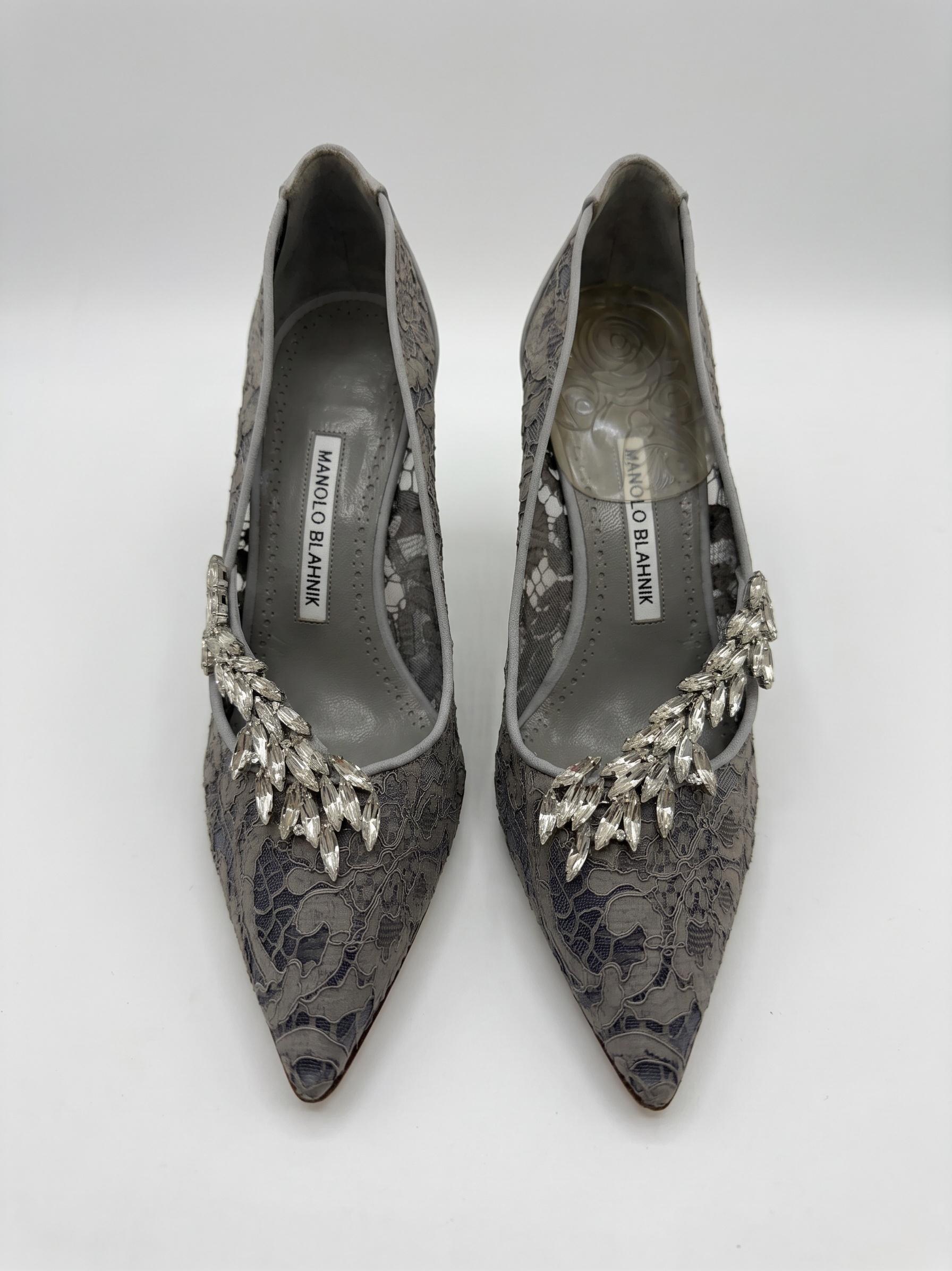 Manolo Blahnik Grey Lace Nadira Heels 38 thumbnail 4