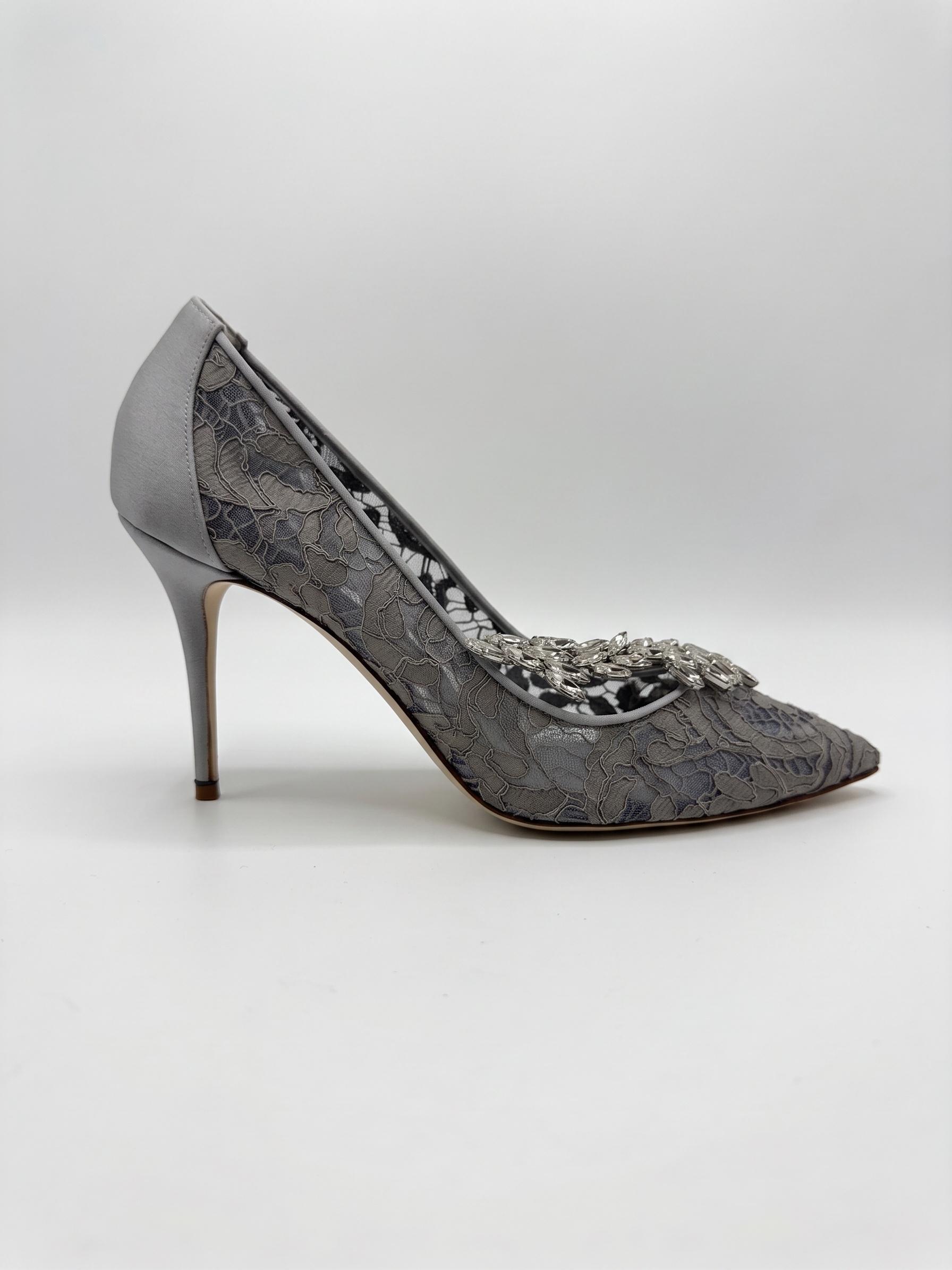 Manolo Blahnik Grey Lace Nadira Heels 38